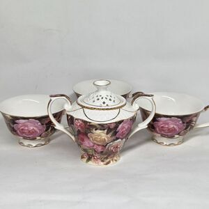 Yamasen Gold Collection Japan Set Of 3 Cups Three Saucers And Covered Sugar Dish